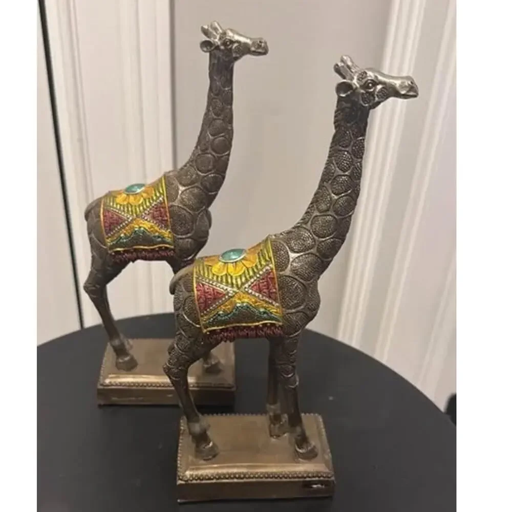 Modern Lightweight Bronze Patina Giraffe Statues Jeweled Saddles Set of 2
